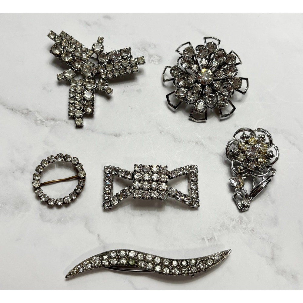 Vintage Rhinestone Brooch Lot 6pc Silver Tone Crystal Floral Bow Sunburst Pins